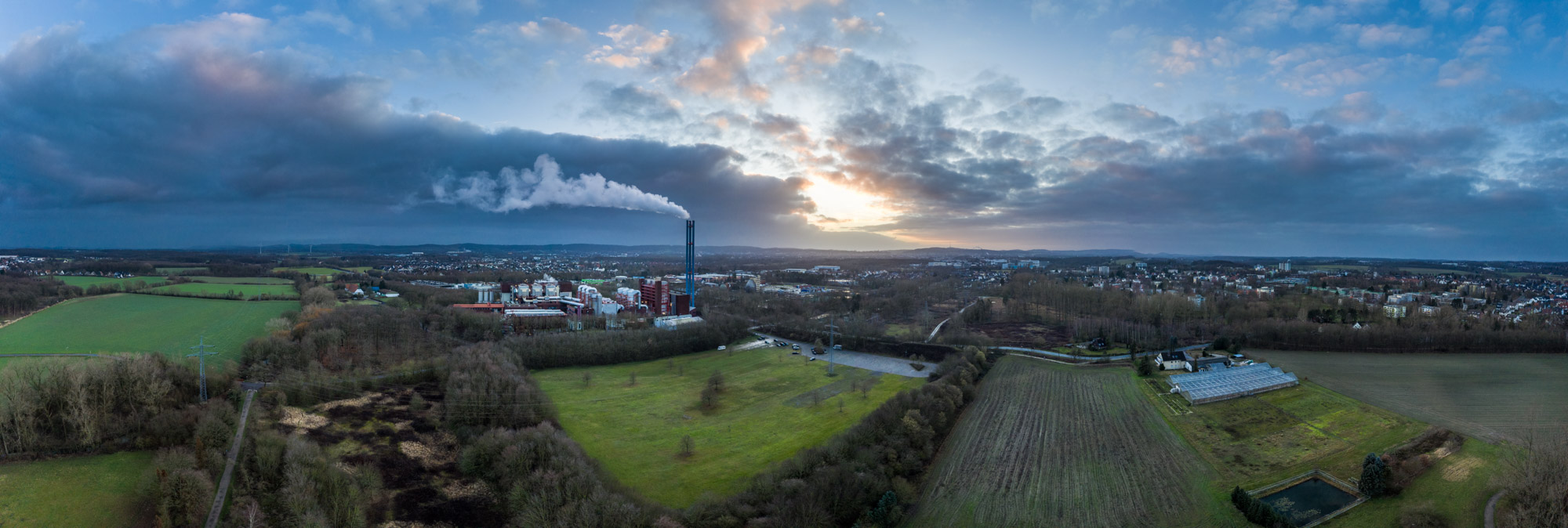 Sunset over the waste incineration plant in Bielefeld-Heepen (Germany).