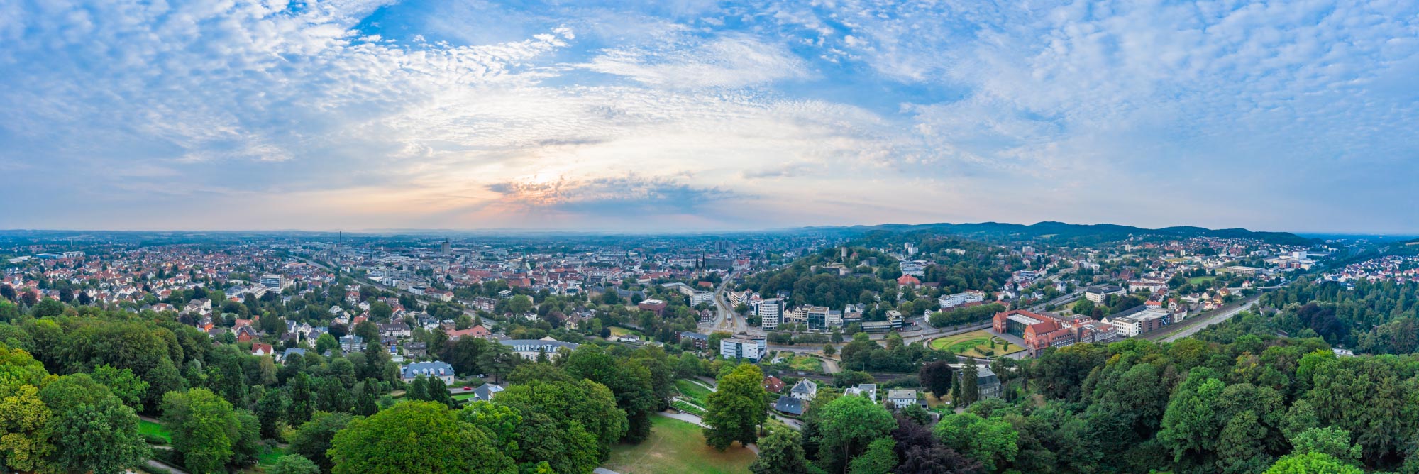 Sunrise over the city centre in August 2020 (Bielefeld, Germany).