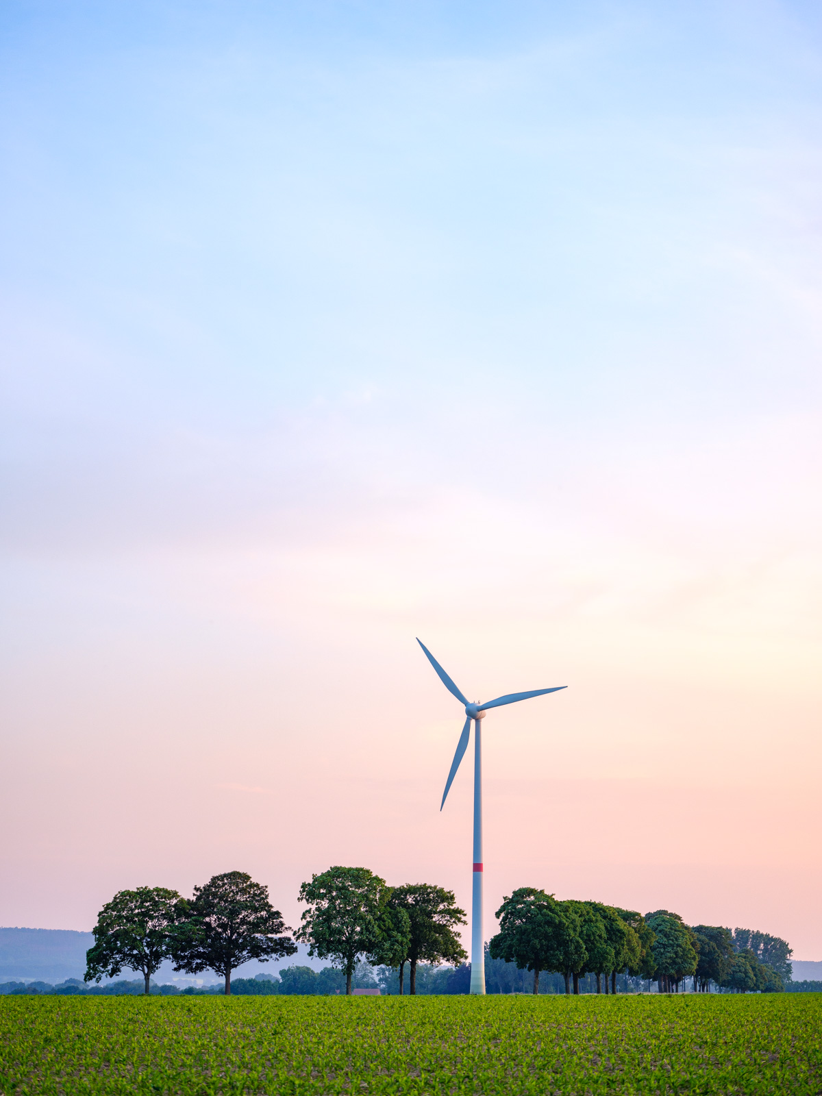 Wind turbine on an evening in June 2020 in 'Jöllenbeck' (Bielefeld, Germany).