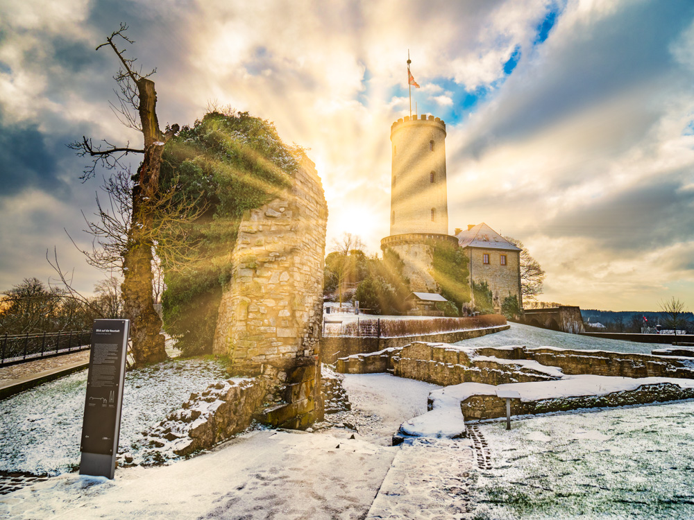 Winter sunrise at Sparrenburg Castle in Bielefeld (Germany)