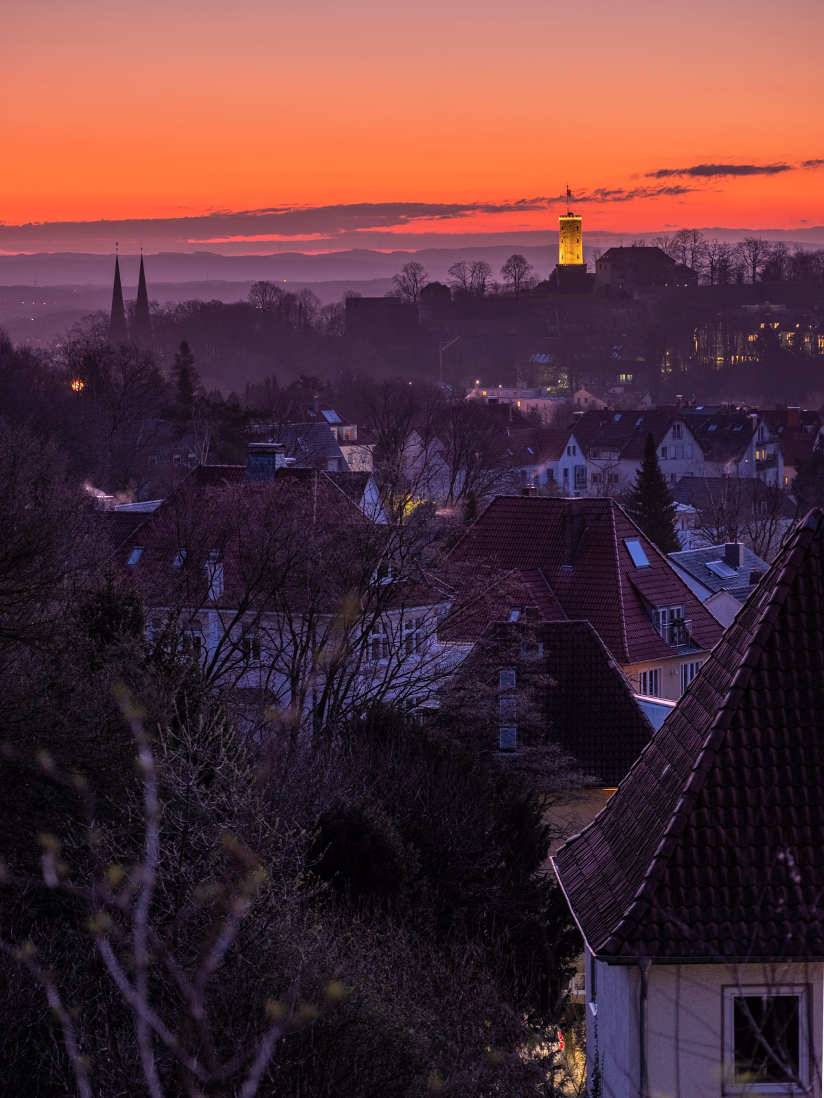 Spring sunrise over Bielefeld with Sparrenburg Castle.