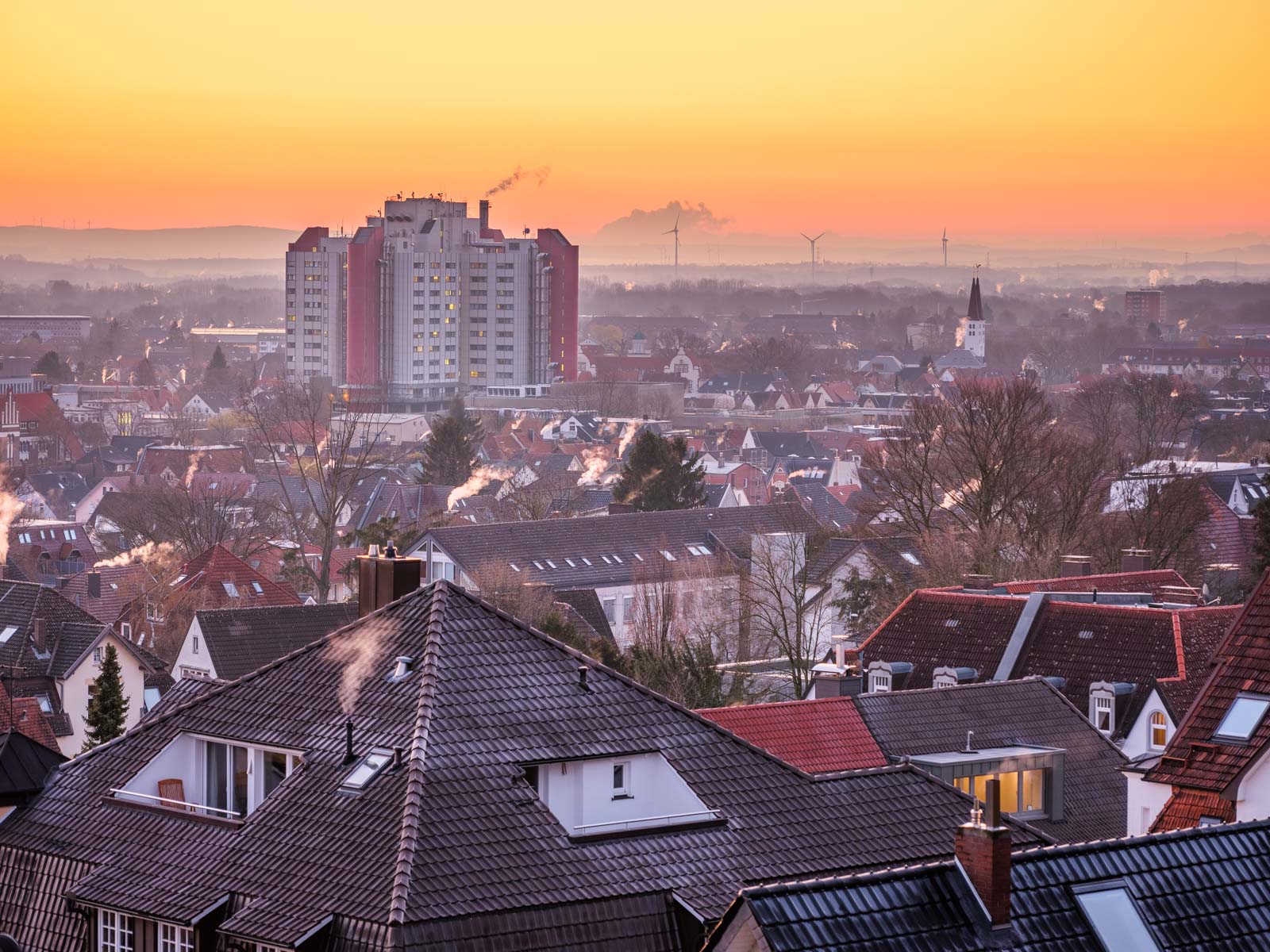 Central Hospital early in the morning at dawn before sunrise (Bielefeld, Germany).