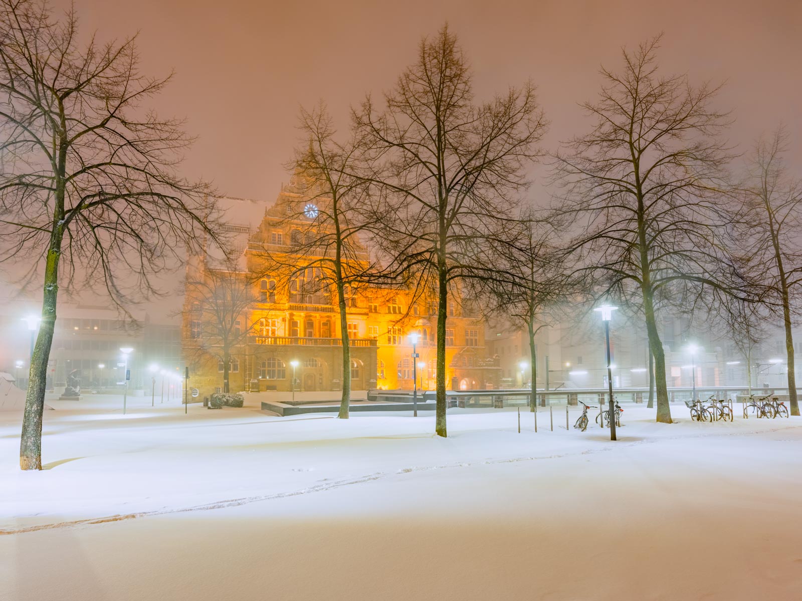 City Hall in the snow on 7 February 2021 (Bielefeld, Germany).