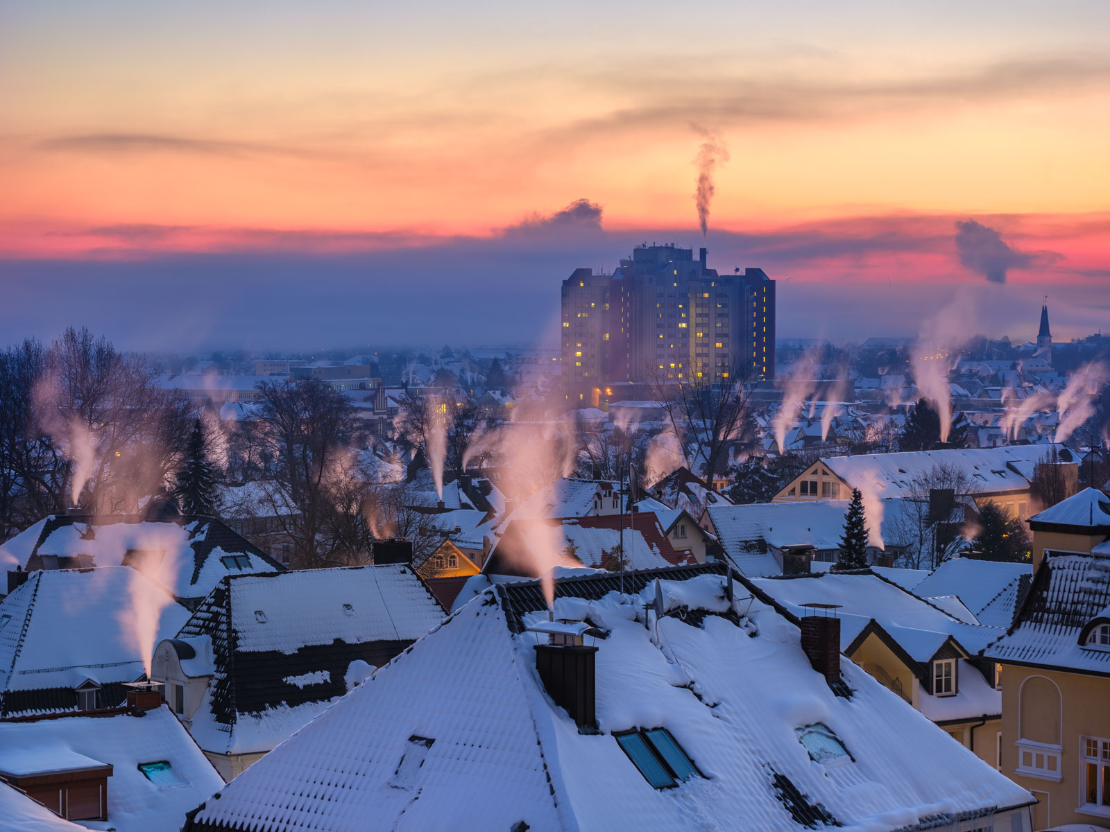 Early in the morning above the rooftops of Bielefeld on 13 February 2021 (Germany).