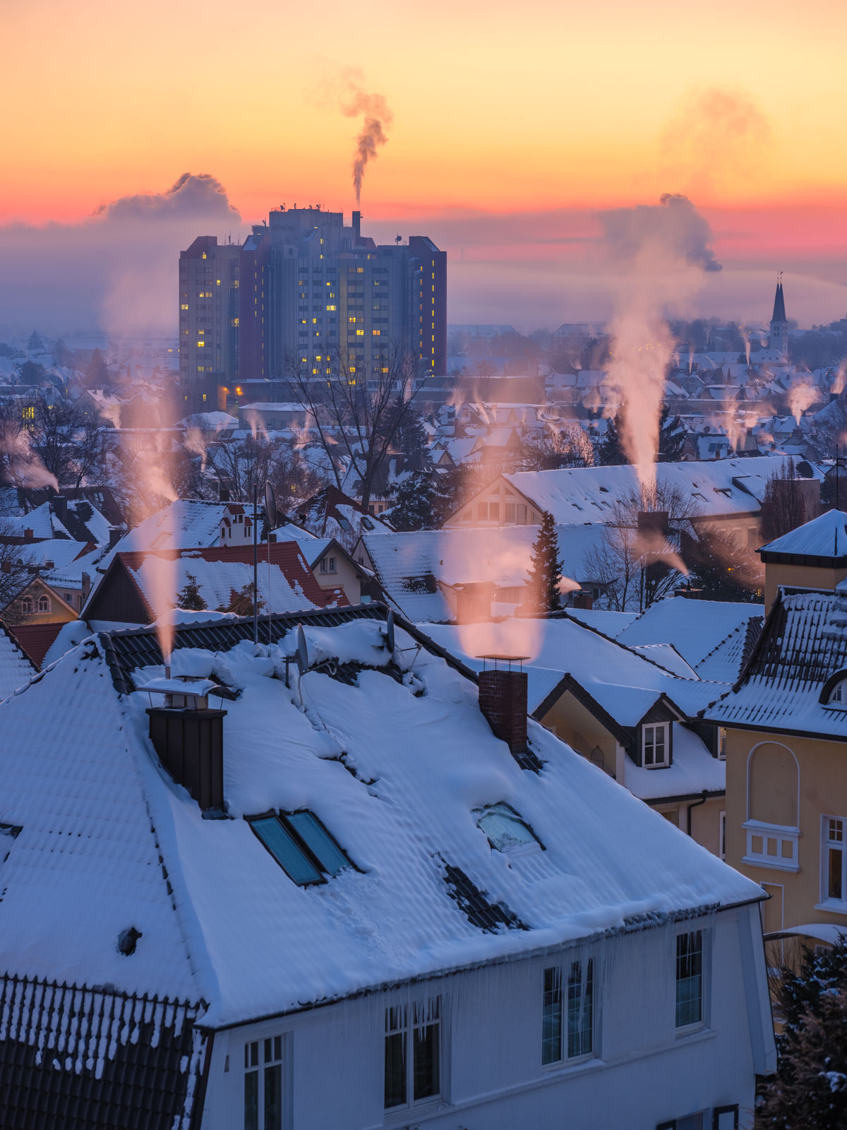 Early in the morning above the rooftops of Bielefeld on 13 February 2021 (Germany).
