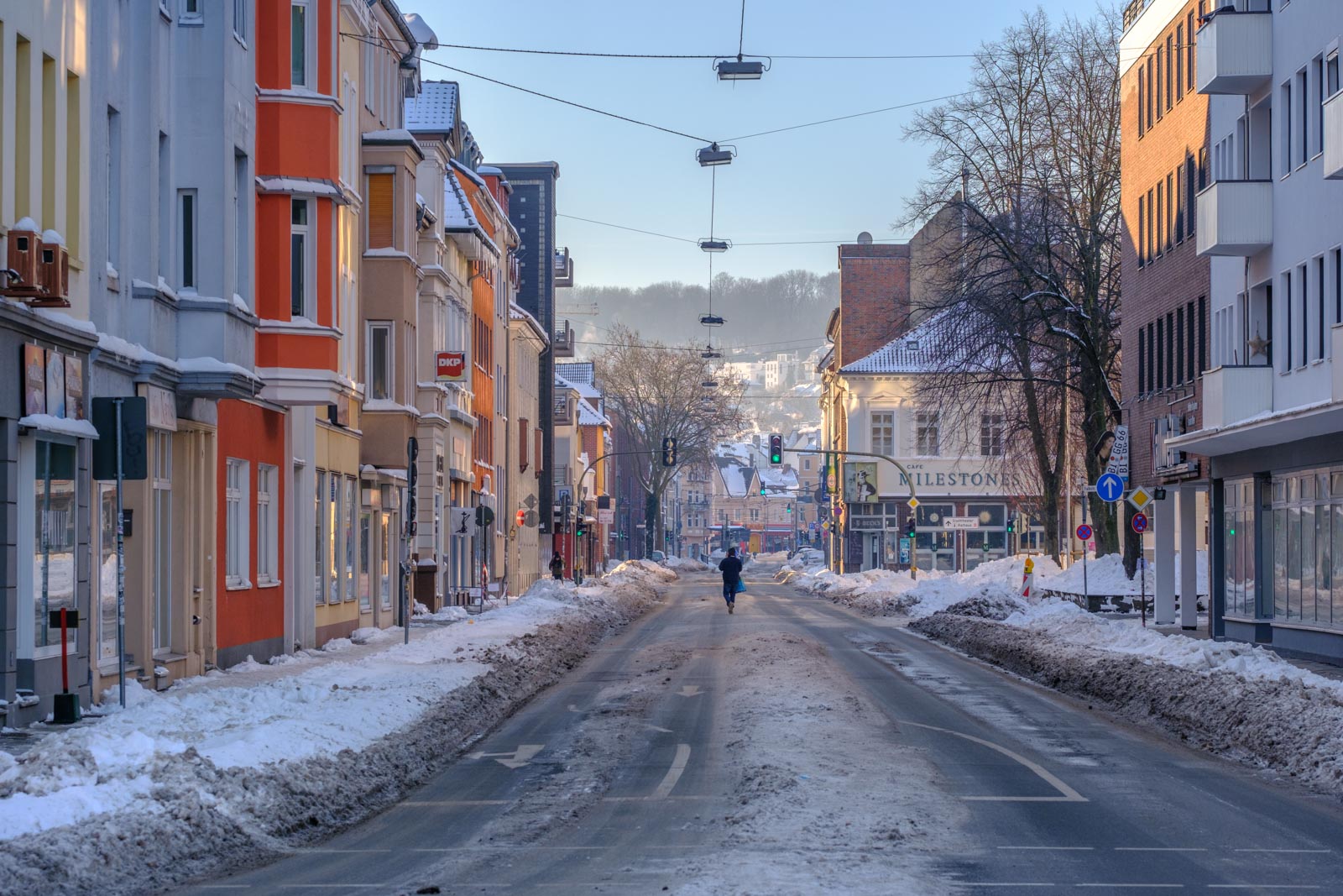 Streets in winter on 14 February 2021: August-Bebel-Straße (Bielefeld, Germany).