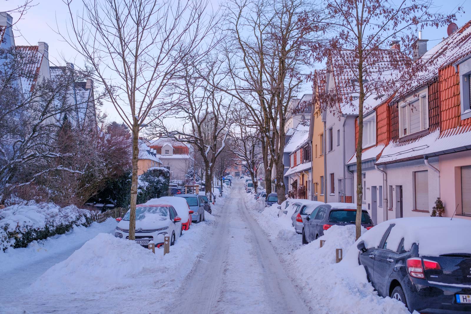 Streets in winter on 14 February 2021: Königsbrügge (Bielefeld, Germany).