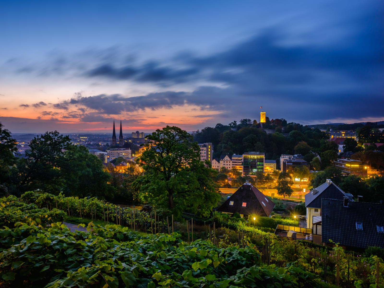 Bielefeld at dawn in late September 2021 photographed from the 'Johannisberg' (Germany).