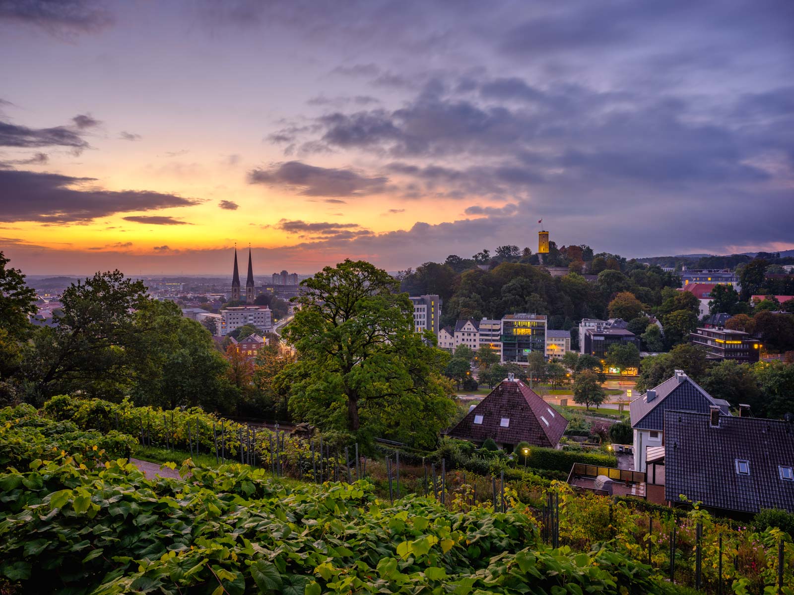 Bielefeld at dawn in late September 2021 photographed from the 'Johannisberg' (Germany).