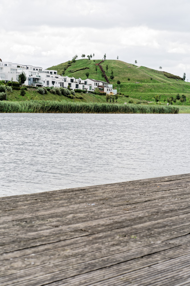 landing stage, hill and houses at the phoenix see in dortmund